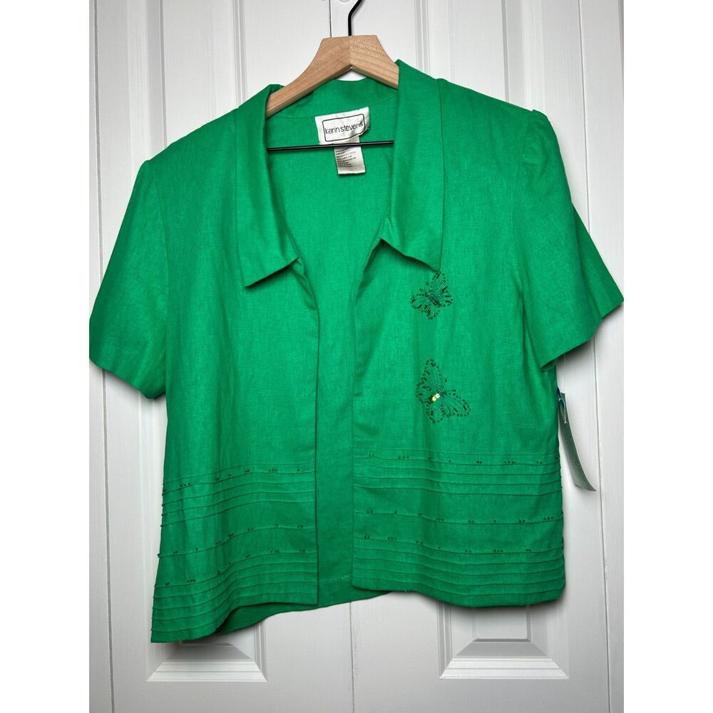 Vintage Karin Stevens Green Linen Blend Butterfly Open Front Top Size 14